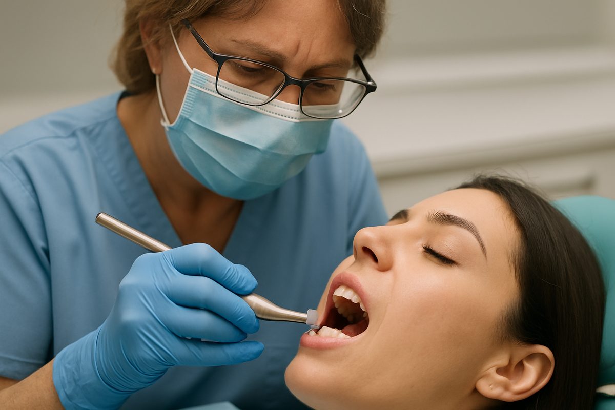 Image of a dentist using dental tools to shave down a tooth in preparation for a veneer. The patient is in a dental chair, and the dentist is wearing gloves and a mask. No text on image.
